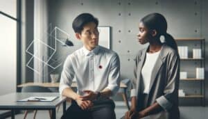 A healthcare professional and a marketing consultant discussing strategies in a modern office.