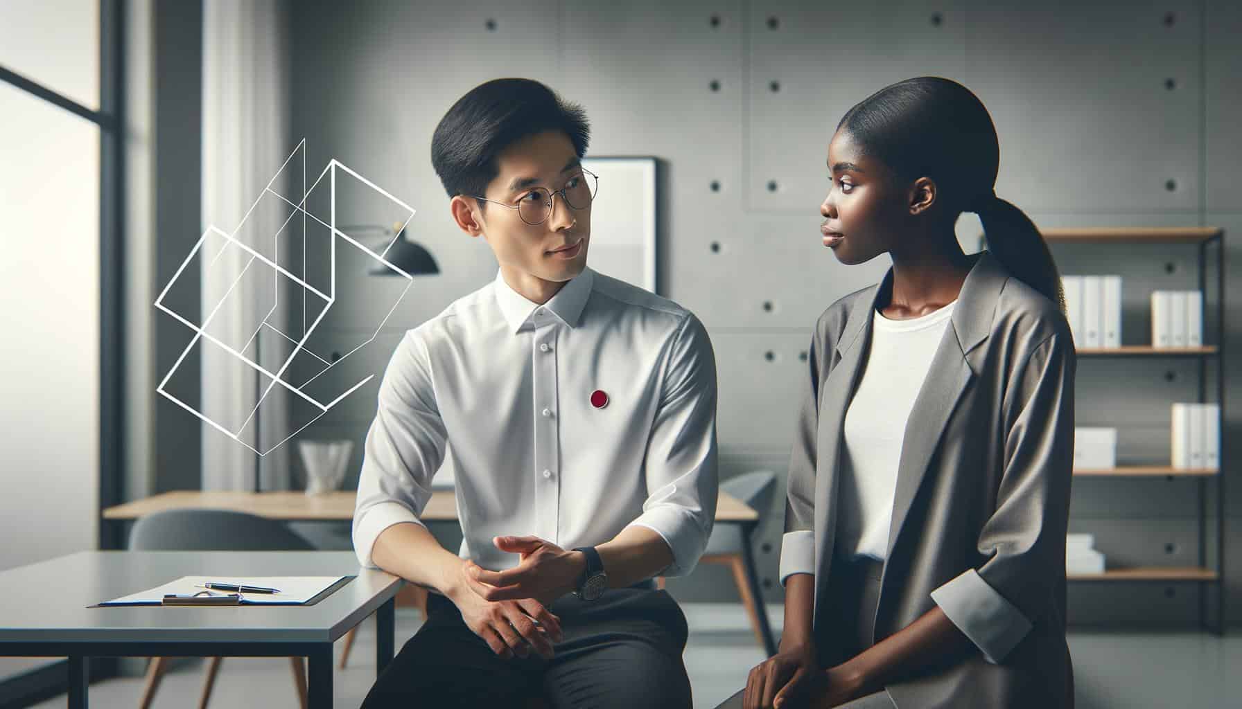 A healthcare professional and a marketing consultant discussing strategies in a modern office.