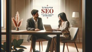 Professional marketing consultants discussing SEO costs in a minimalist office setting.