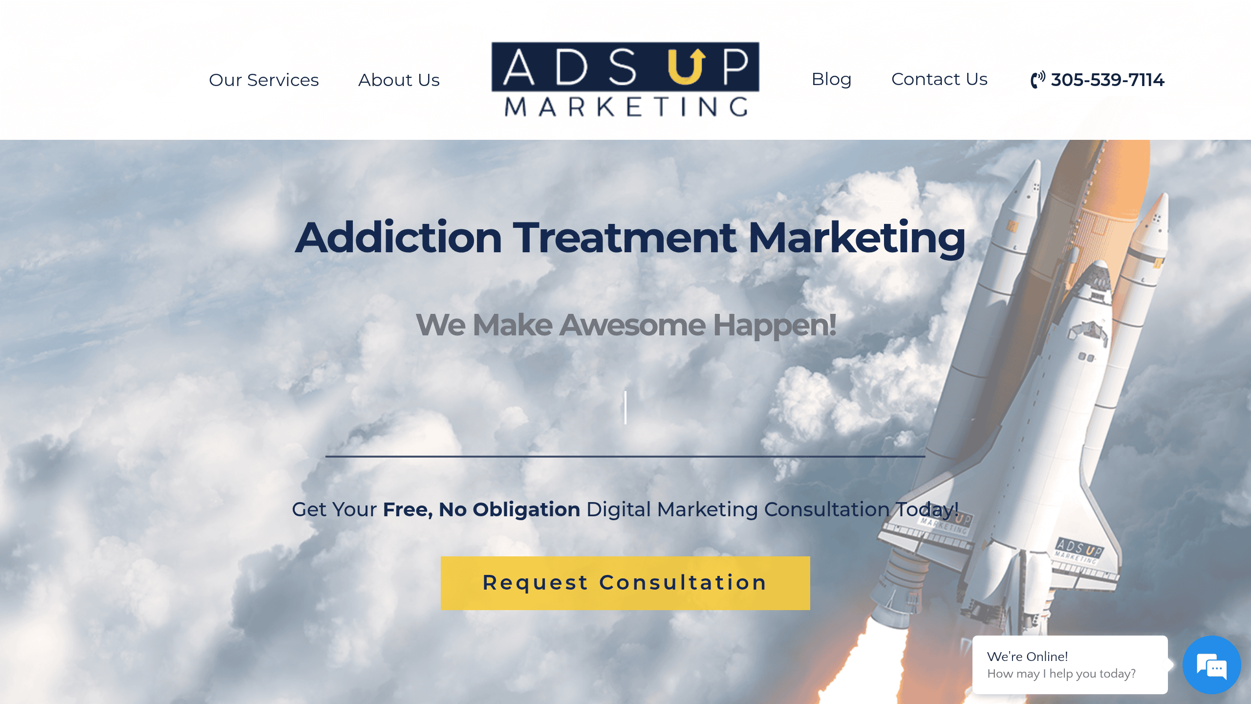 Homepage screenshot of Ads Up Marketing. Florida-based with national reach. Ads Up runs creative production attached to Meta and Google for BH exclusively.