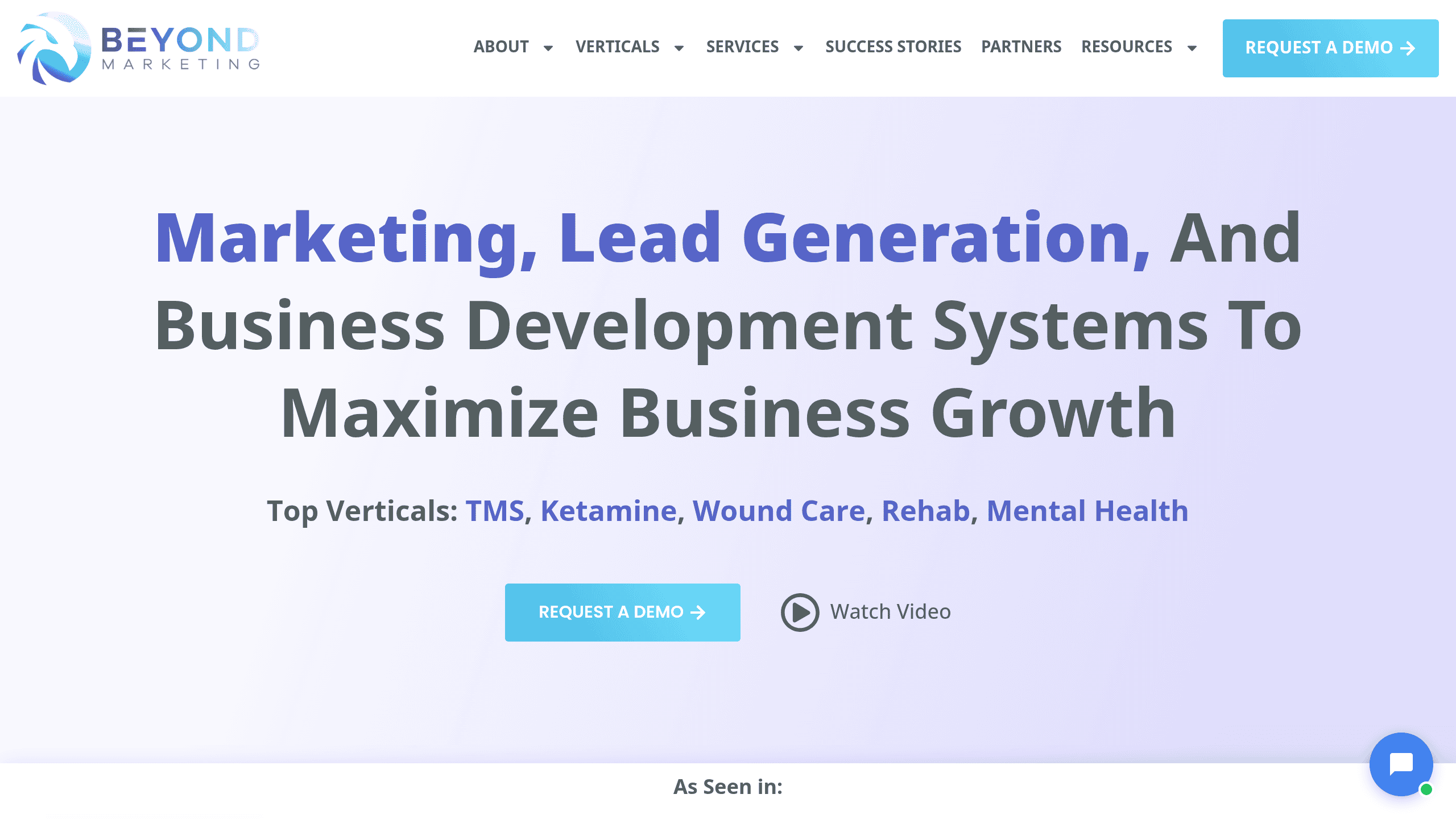 Homepage screenshot of Beyond Marketing. US-based. Beyond Marketing offers an integrated paid social, paid search, and creative program for recovery centers.