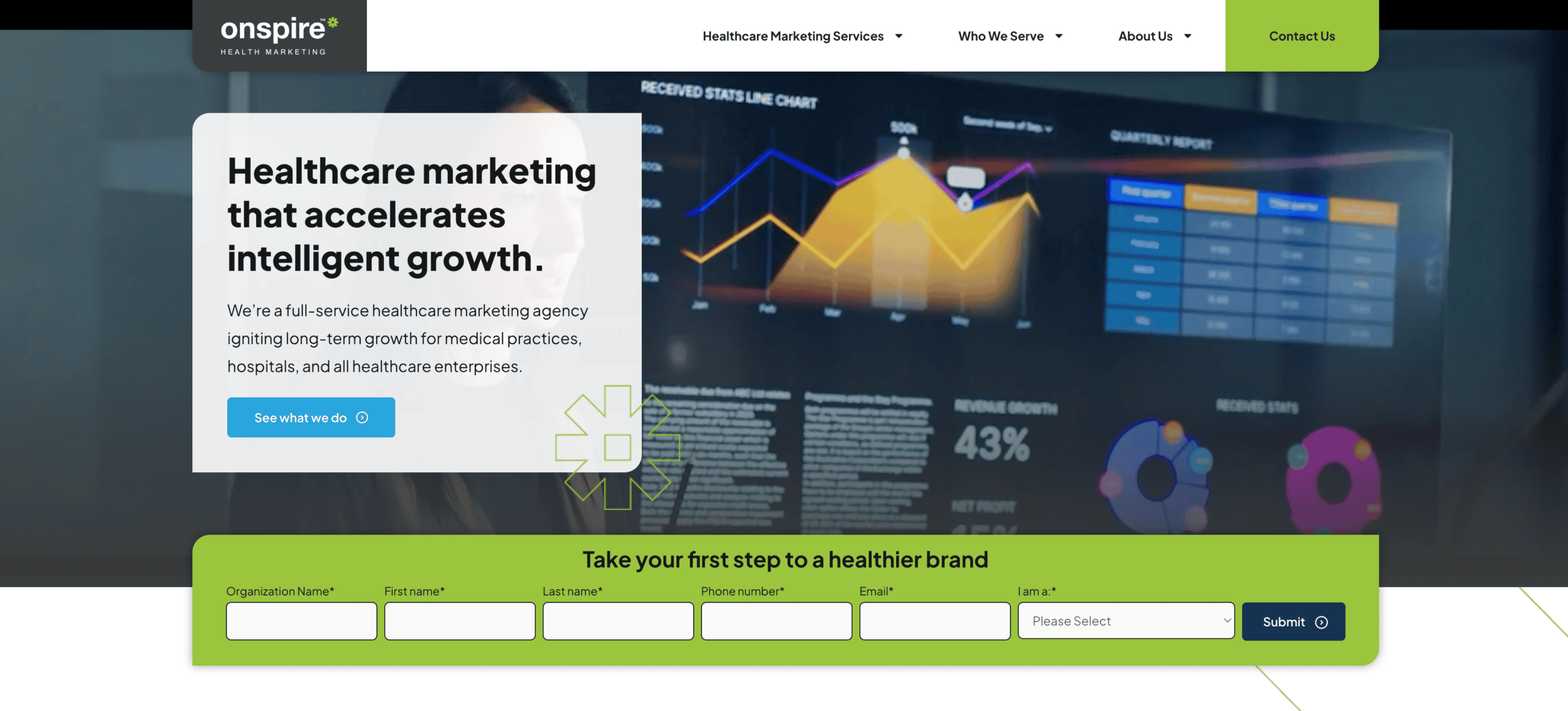 Homepage screenshot of Onspire Health Marketing. US-based. Onspire is a healthcare marketing agency with creative services across the broader healthcare buyer ecosystem.
