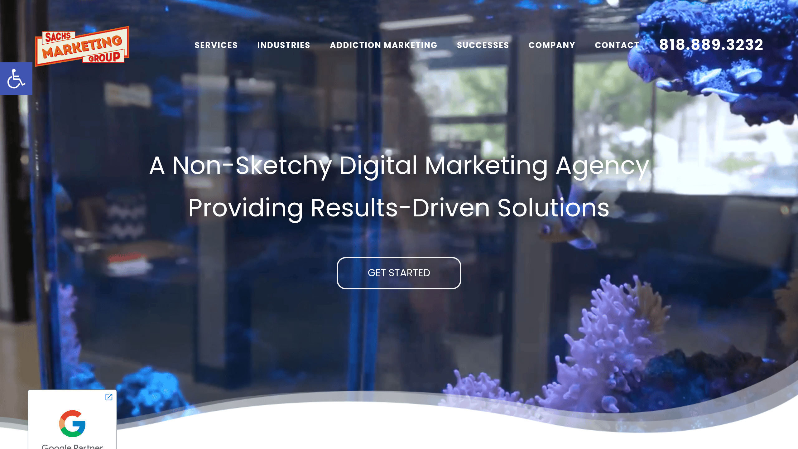 Homepage screenshot of Sachs Marketing Group. Based in Los Angeles, CA. Sachs has run creative for behavioral health and addiction treatment since 2010.