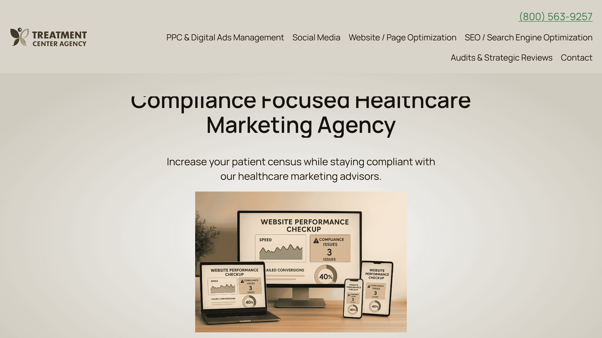 Homepage screenshot of Treatment Center Agency. US-based. Treatment Center Agency offers integrated PPC, SEO, paid social, content, and creative production for treatment centers.
